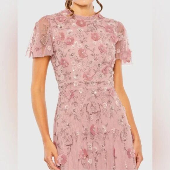 Mac Duggal 9212 Size 10 Pink Floral Embellished High Neck Cap Sleeve ALine Dress - Picture 3 of 10